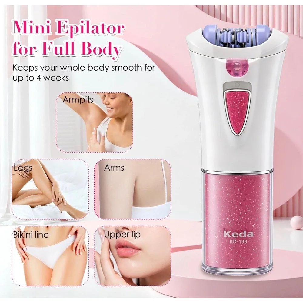 Keda KD-199 Mini Portable Epilator for Women Hair Removal 2-Speed LED Light Pink
